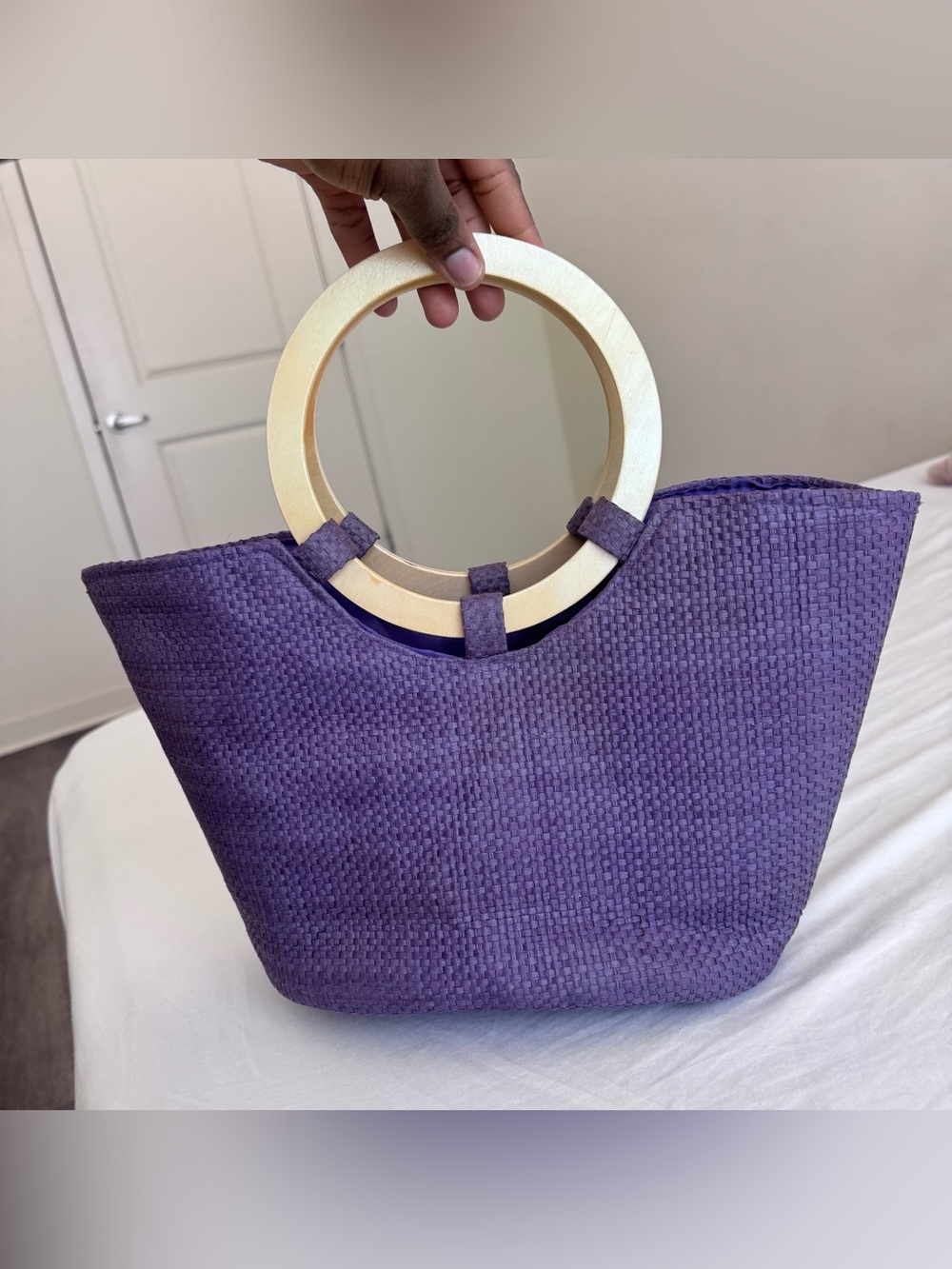 Purple Woven Tote Bag Wooden Ring Top Handles Lined Open Casual Trapezoid
